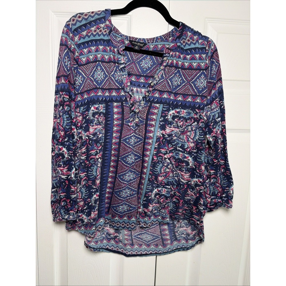 Lucky Brand‎ Boho Peasant Blouse Womens Size M Blue Pink Geometric Cotton Linen